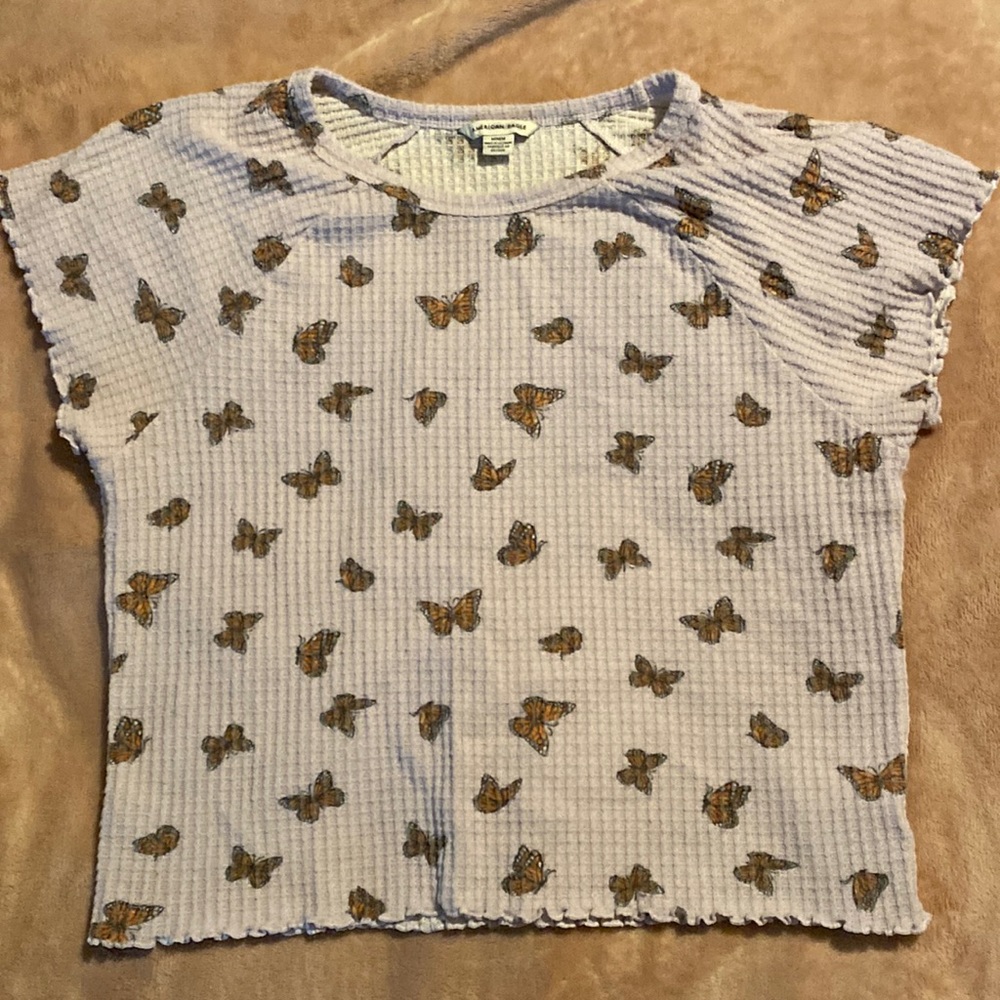 American Eagle Waffle Knit Butterfly Purple Lettuce Edge Crop Top